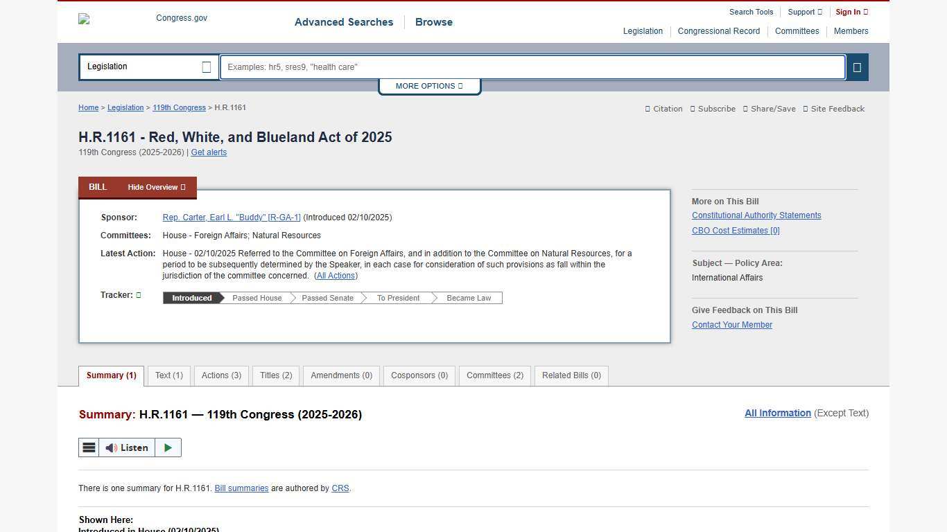 H.R.1161 - 119th Congress (2025-2026): Red, White, and Blueland Act of 2025 Congress.gov Library of Congress
