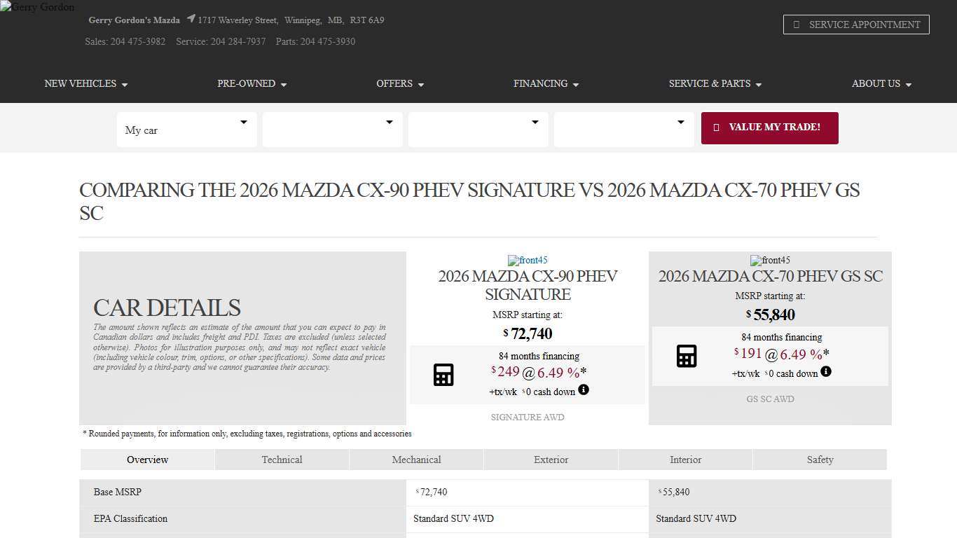 Comparing the 2026 Mazda CX-90 PHEV Signature vs Mazda CX-70 PHEV GS SC 2026 at Gerry Gordon's Mazda in Winnipeg.